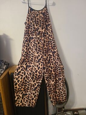 SHEIN Leopard Print Spaghetti-Strap Jumpsuit in Tan and Black